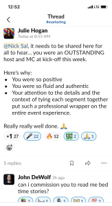 Feedback from Head of Customer Marketing at Drift after Nick Emcee’d their company sales kickoff